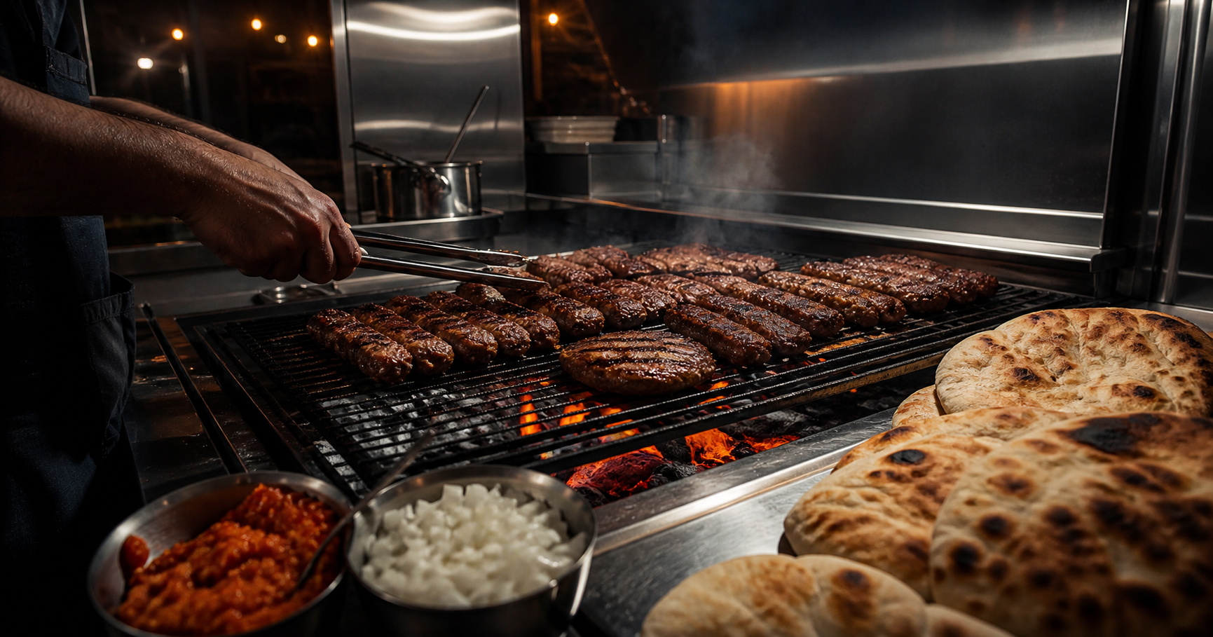 Ćevapčići und Pljeskavica auf dem Holzkohlegrill im Yugo Street Food Trailer