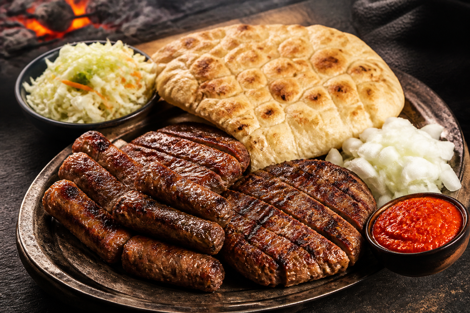 Balkan-Grillplatte mit Ćevapčići, Pljeskavica, Lepinja, Zwiebeln und Ajvar